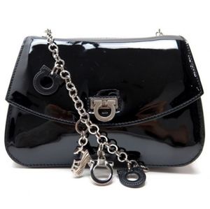 Salvatore Ferragamo Gancini Chain Shoulder Bag Enamel Black